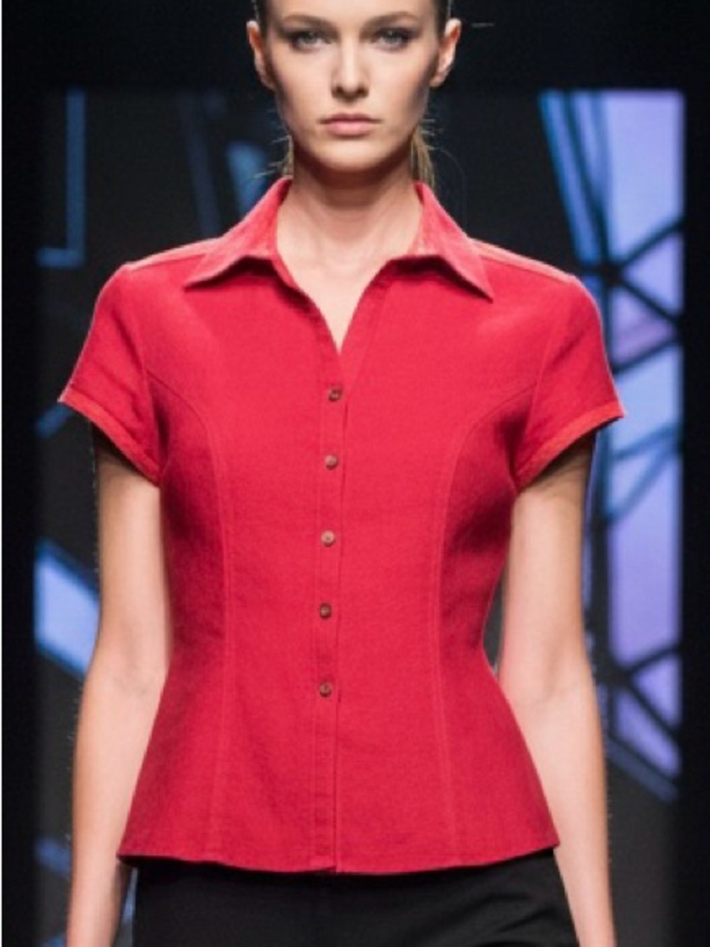 Chili Red Short Sleeve Button Down Linen Blend Top - Size S